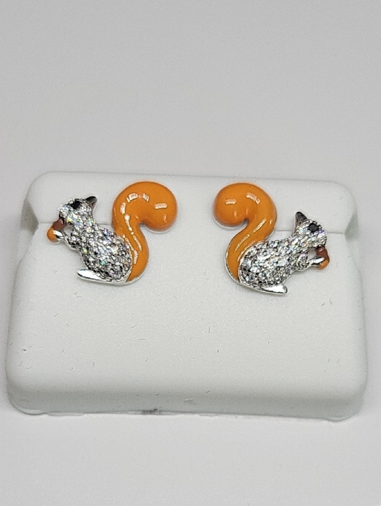 Moissanite Jewelry - Cute Squirrel Stud Earrings in Silver with Moissanite